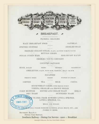 Southern Railway - Dining Car Service · 1900 — Breakfast