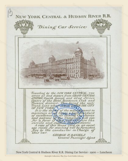 Vintage menu preview — 1900 Vintage Lunch Menu — New York Central & Hudson River R.R, American Rail