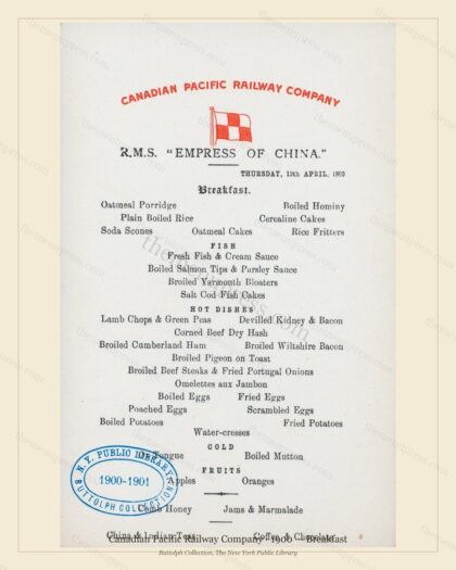 Vintage menu preview — 1900 Vintage Breakfast Menu — Canadian Pacific Railway, American Rail Dining Car