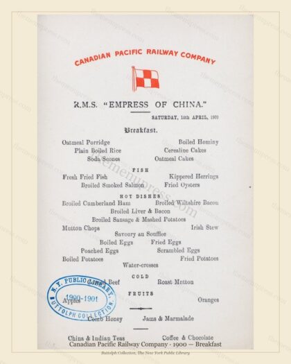 Vintage menu preview — 1900 Vintage Breakfast Menu — Canadian Pacific Railway, American Rail Dining Car