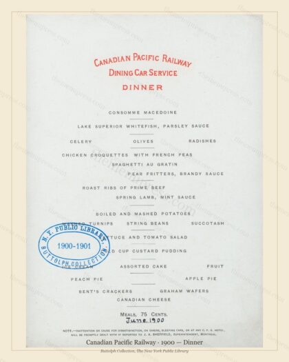 Vintage menu preview — 1900 Vintage Dinner Menu — Canadian Pacific Railway, American Rail Dining Car