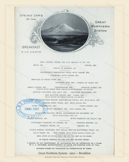 Vintage menu preview — 1901 Vintage Breakfast Menu — Great Northern System, American Rail Dining Car (C