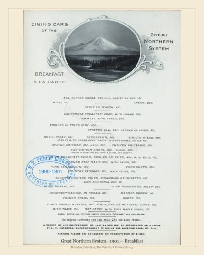 1901 Vintage Breakfast Menu — Great Northern System, American Rail Dining Car — preview image