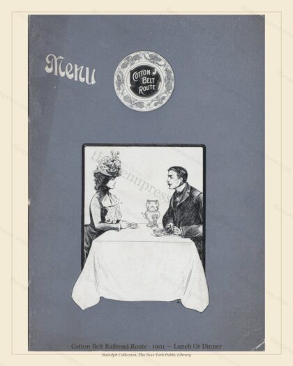 Vintage menu preview — 1901 Vintage Dinner Menu — Cotton Belt Railroad Route, American Rail Dining Car