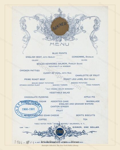 Vintage menu preview — 1901 Vintage Dinner Menu — Erie Railroad (?), American Rail Dining Car (Complete