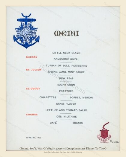 Vintage menu preview — 1900 Vintage Dinner Menu — (Penna. Soc'Y. War of 1812), Athletic & Yacht Clu