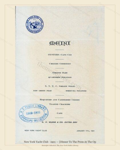 Vintage menu preview — 1901 Vintage Dinner Menu — New York Yacht Club, Athletic & Yacht Club Card (