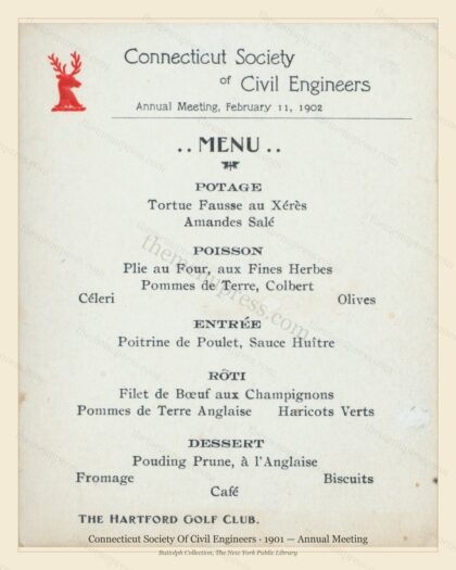 Vintage menu preview — 1901 Vintage Dinner Menu — Connecticut Society of Civil Engineers, Athletic &amp