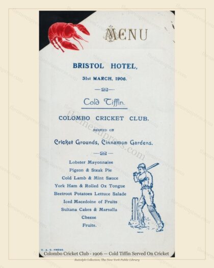 Vintage menu preview — 1906 Vintage Dinner Menu — Colombo Cricket Club, Athletic & Yacht Club Card