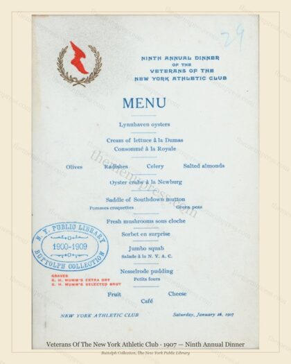 Vintage menu preview — 1907 Vintage Dinner Menu — Veterans of the New York Athletic Club, Athletic &