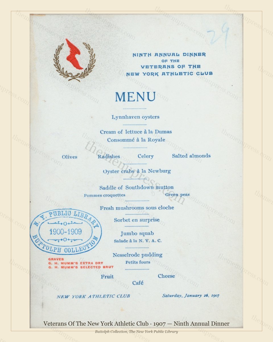 Vintage menu preview — 1907 Vintage Dinner Menu — Veterans of the New York Athletic Club, Athletic &