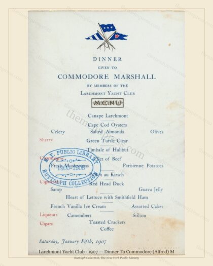 Vintage menu preview — 1907 Vintage Dinner Menu — Larchmont Yacht Club, Athletic & Yacht Club Card