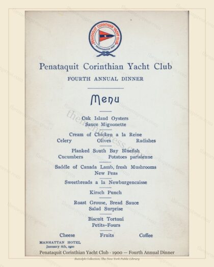Vintage menu preview — 1900 Vintage Dinner Menu — Penataquit Corinthian Yacht Club, Athletic & Yach