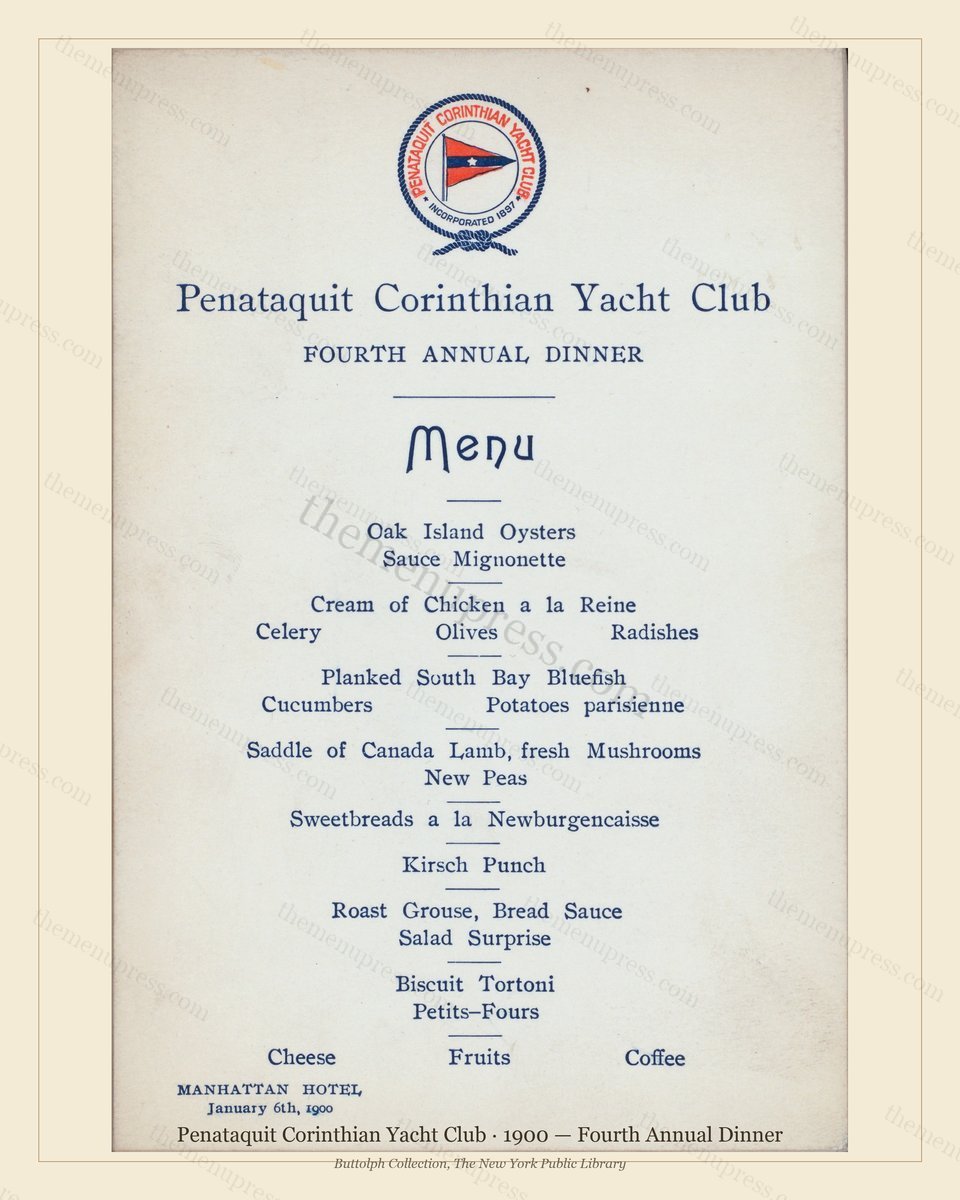 Vintage menu preview — 1900 Vintage Dinner Menu — Penataquit Corinthian Yacht Club, Athletic & Yach