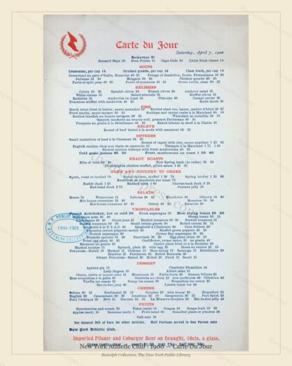 Vintage menu preview — 1900 Vintage Dinner Menu — New York Athletic Club, Athletic & Yacht Club Car