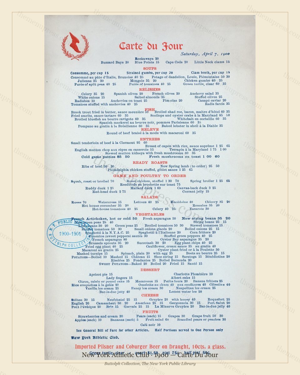 Vintage menu preview — 1900 Vintage Dinner Menu — New York Athletic Club, Athletic & Yacht Club Car