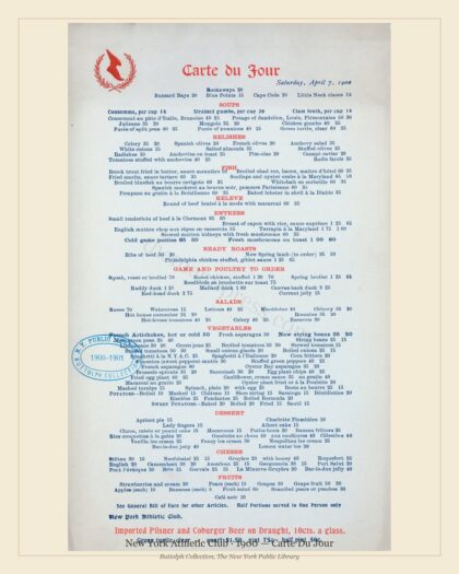 New York Athletic Club · 1900 — Carte Du Jour