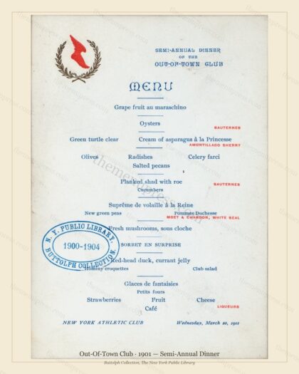 Vintage menu preview — 1901 Vintage Dinner Menu — Out-of-Town Club, Athletic & Yacht Club Card (Com