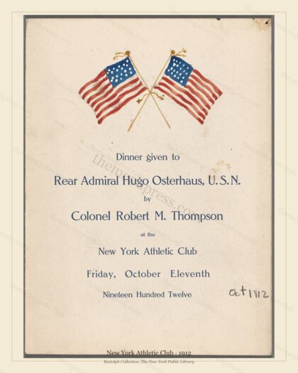 Vintage menu preview — 1912 Vintage Dinner Menu — New York Athletic Club, Athletic & Yacht Club Car