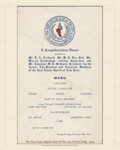 Vintage menu preview — 1914 Vintage Dinner Menu — The New York Athletic Club of the City o, Athletic &a
