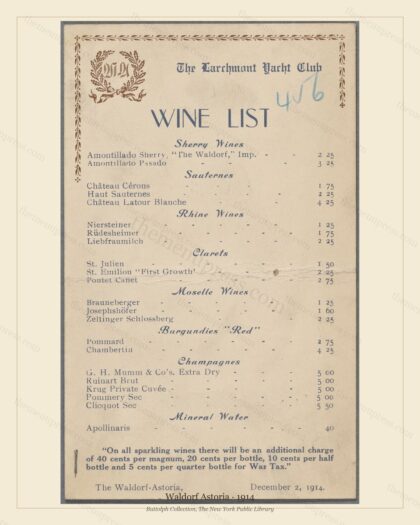 Vintage menu preview — 1914 Vintage Dinner Menu — Waldorf Astoria, Athletic & Yacht Club Card