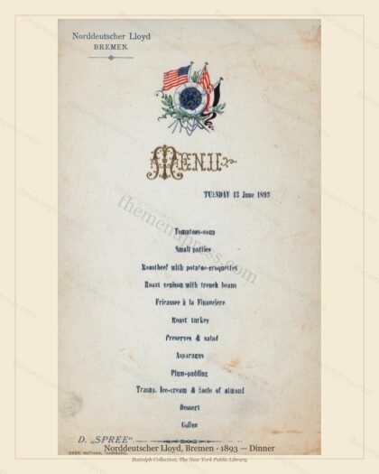 Vintage menu preview — 1893 Vintage Dinner Menu — Norddeutscher Lloyd, Bremen, Transatlantic Ocean Line
