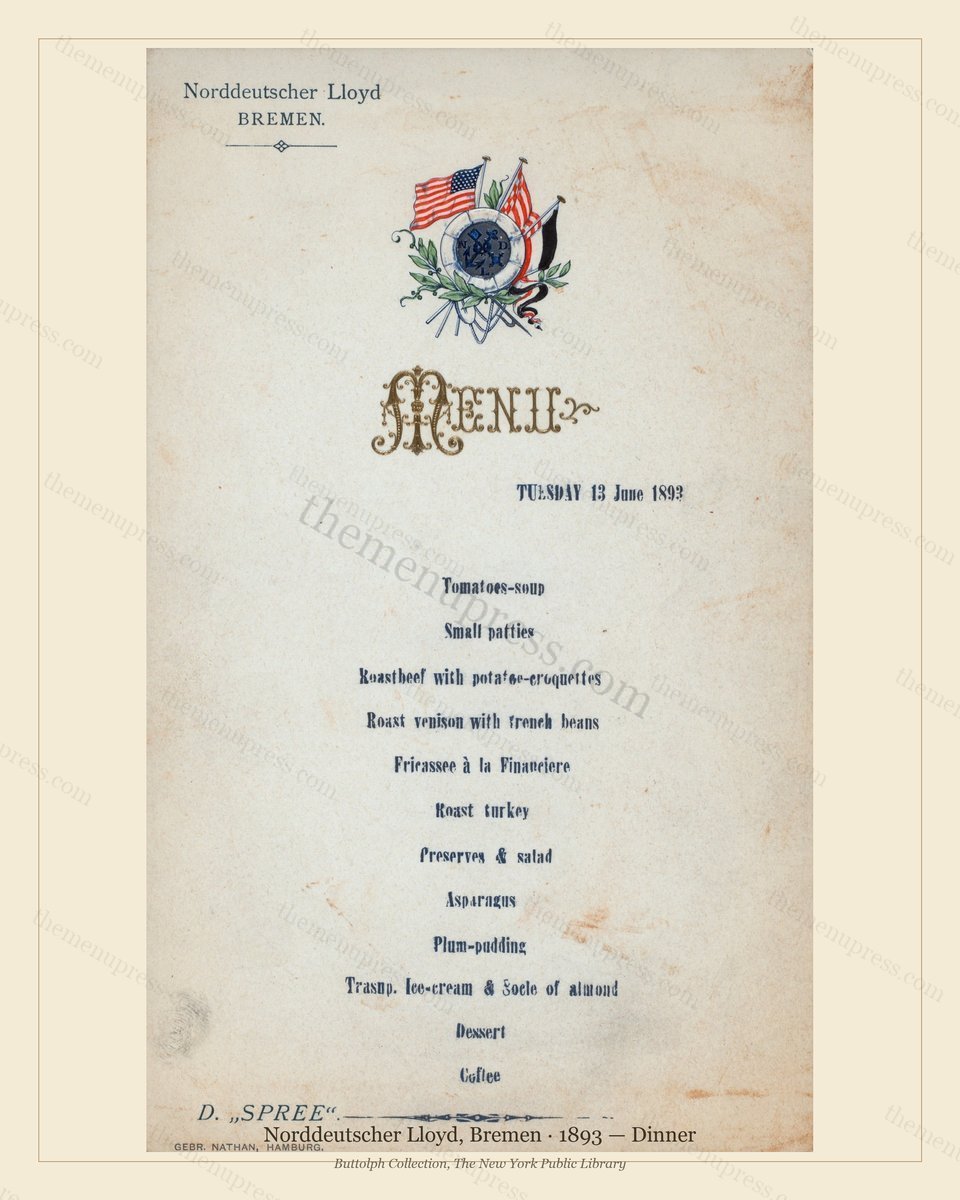 Vintage menu preview — 1893 Vintage Dinner Menu — Norddeutscher Lloyd, Bremen, Transatlantic Ocean Line