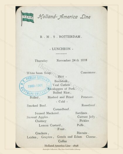 Vintage menu preview — 1898 Vintage Menu Menu — Holland America Line, Transatlantic Ocean Liner Card (C