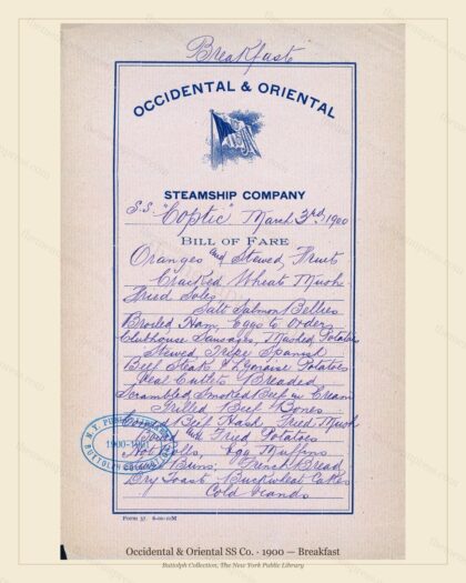 Vintage menu preview — 1900 Vintage Breakfast Menu — Occidental & Oriental SS Co., Transatlantic Oc