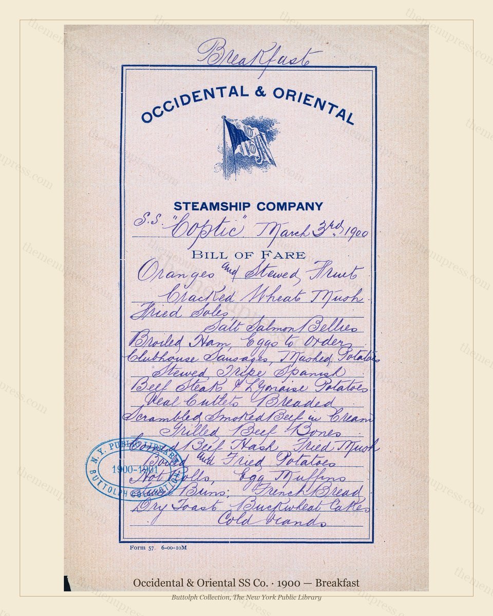 Vintage menu preview — 1900 Vintage Breakfast Menu — Occidental & Oriental SS Co., Transatlantic Oc