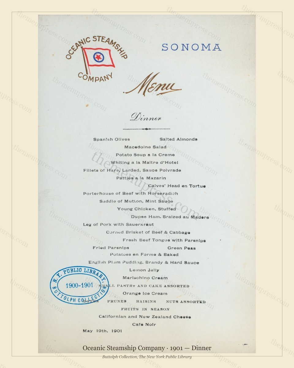 Vintage menu preview — 1901 Vintage Dinner Menu — Oceanic Steamship Company, Transatlantic Ocean Liner