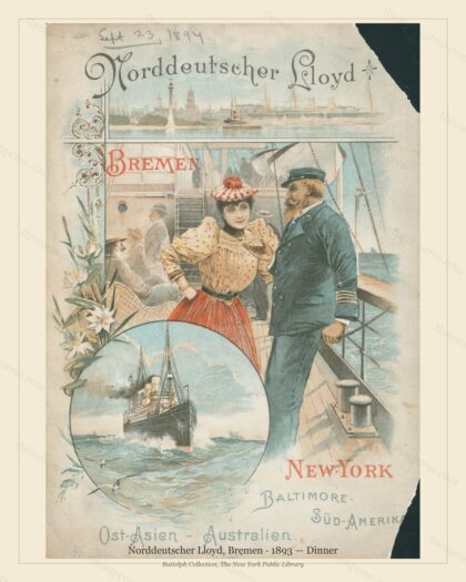 Vintage menu preview — 1893 Vintage Dinner Menu — Norddeutscher Lloyd, Bremen, Transatlantic Ocean Line