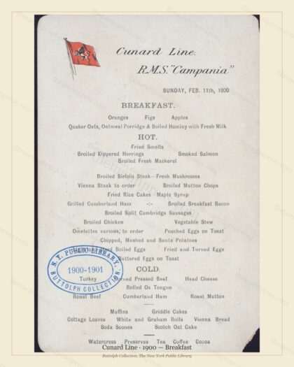 Vintage menu preview — 1900 Vintage Breakfast Menu — Cunard Line, Transatlantic Ocean Liner Card