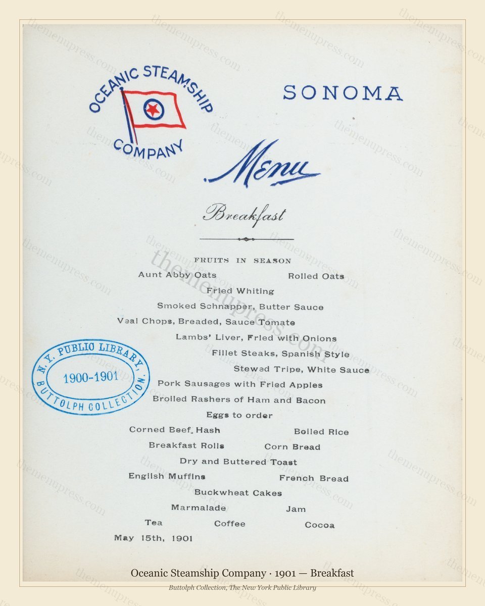Vintage menu preview — 1901 Vintage Breakfast Menu — Oceanic Steamship Company, Transatlantic Ocean Lin