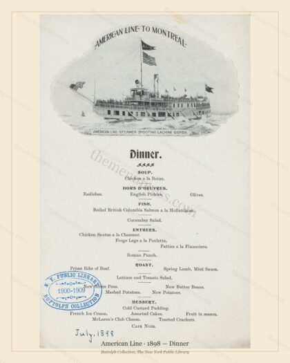 Vintage menu preview — 1898 Vintage Dinner Menu — American Line, Transatlantic Ocean Liner Card (Comple