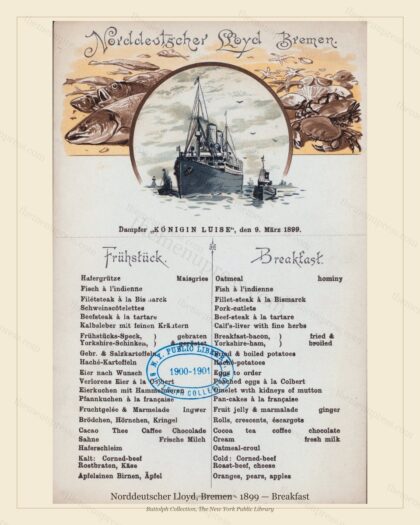 Vintage menu preview — 1899 Vintage Breakfast Menu — Norddeutscher Lloyd, Bremen, Transatlantic Ocean L