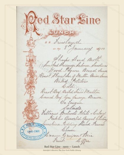 Vintage menu preview — 1900 Vintage Lunch Menu — Red Star Line, Transatlantic Ocean Liner Card (Complet