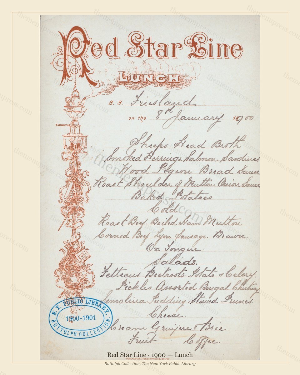 Vintage menu preview — 1900 Vintage Lunch Menu — Red Star Line, Transatlantic Ocean Liner Card (Complet