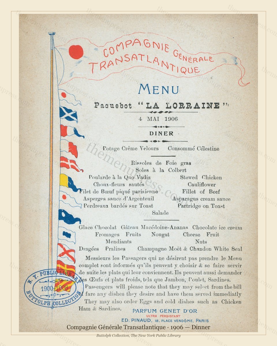 Vintage menu preview — 1906 Vintage Dinner Menu — Compagnie Générale Transatlantique, Transatlantic Oce