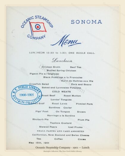Vintage menu preview — 1901 Vintage Lunch Menu — Oceanic Steamship Company, Transatlantic Ocean Liner C