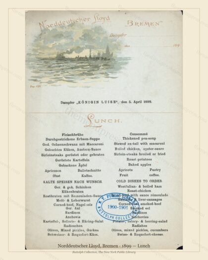 Vintage menu preview — 1899 Vintage Lunch Menu — Norddeutscher Lloyd, Bremen, Transatlantic Ocean Liner