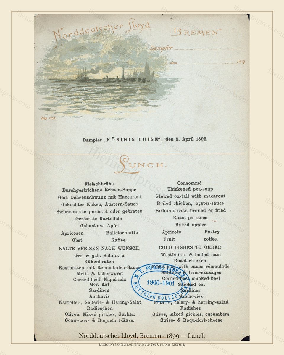 Vintage menu preview — 1899 Vintage Lunch Menu — Norddeutscher Lloyd, Bremen, Transatlantic Ocean Liner
