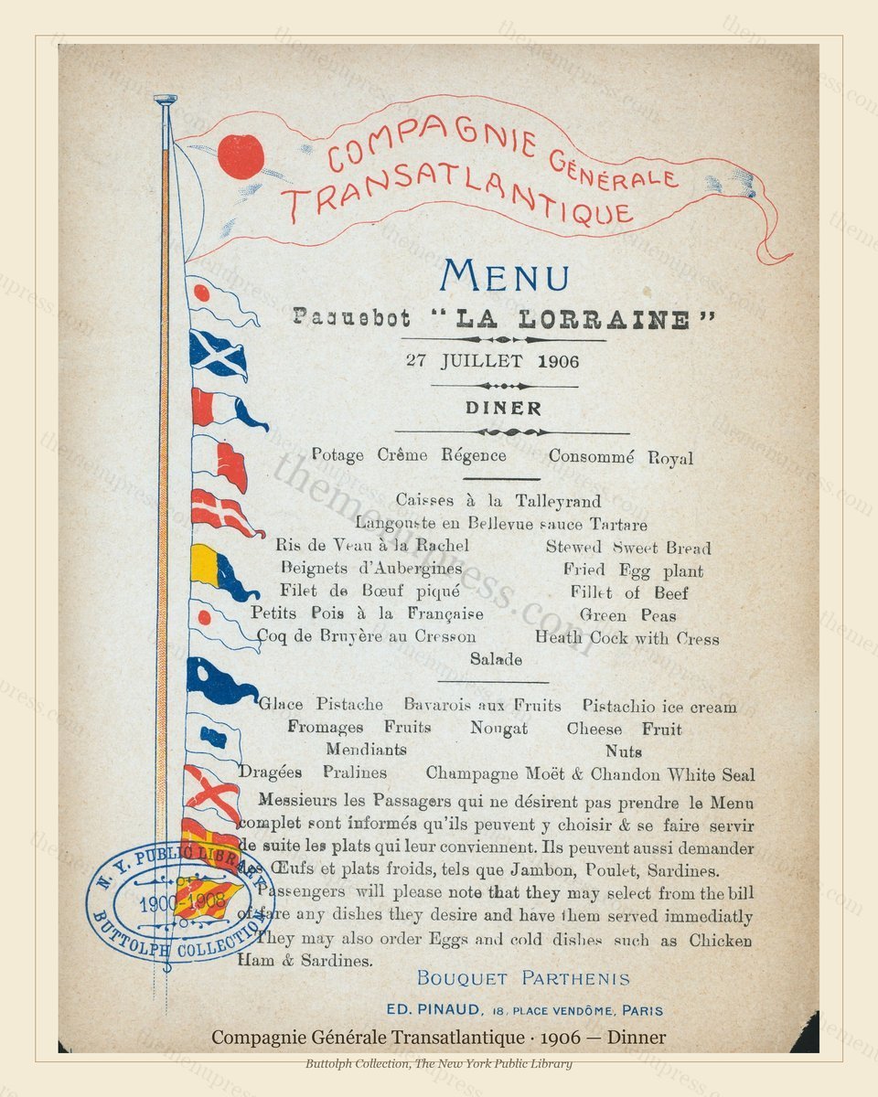 Vintage menu preview — 1906 Vintage Dinner Menu — Compagnie Générale Transatlantique, Transatlantic Oce