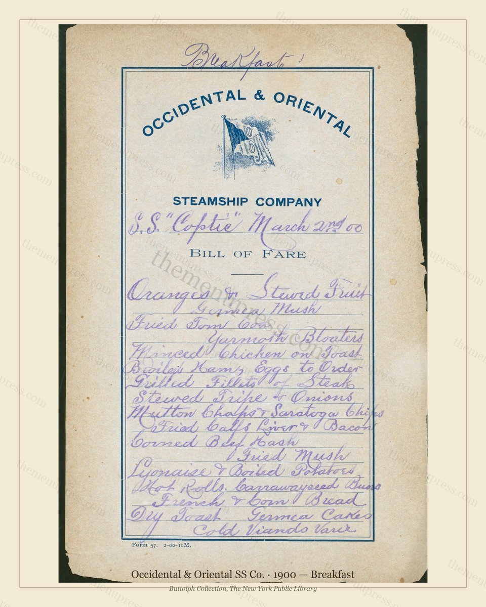 Vintage menu preview — 1900 Vintage Breakfast Menu — Occidental & Oriental SS Co., Transatlantic Oc