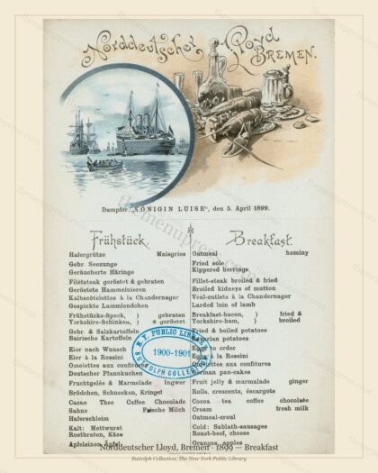 Vintage menu preview — 1899 Vintage Breakfast Menu — Norddeutscher Lloyd, Bremen, Transatlantic Ocean L