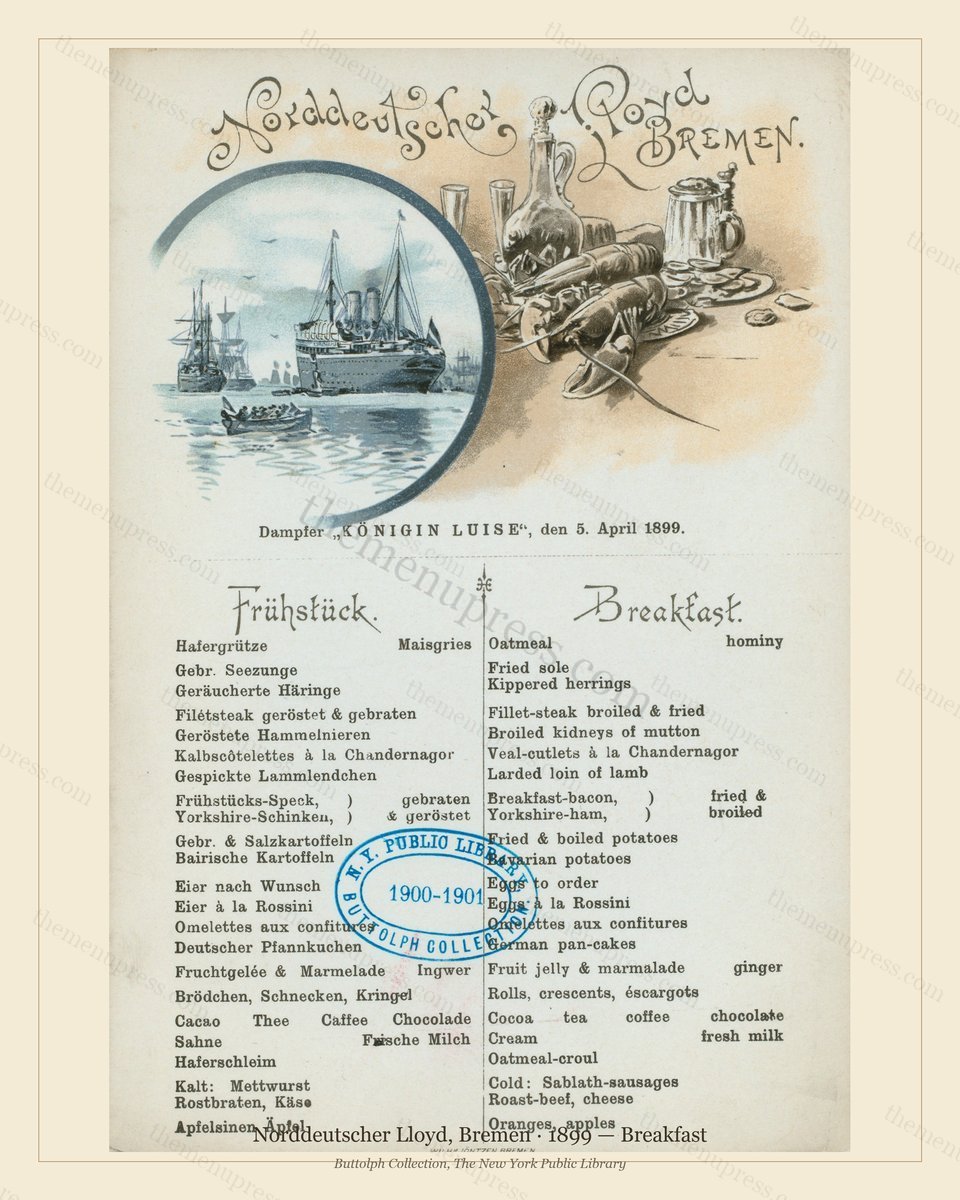 Vintage menu preview — 1899 Vintage Breakfast Menu — Norddeutscher Lloyd, Bremen, Transatlantic Ocean L