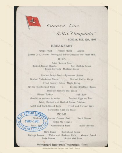 Vintage menu preview — 1900 Vintage Breakfast Menu — Cunard Line, Transatlantic Ocean Liner Card