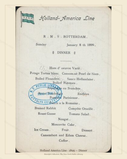 Vintage menu preview — 1899 Vintage Dinner Menu — Holland America Line, Transatlantic Ocean Liner Card