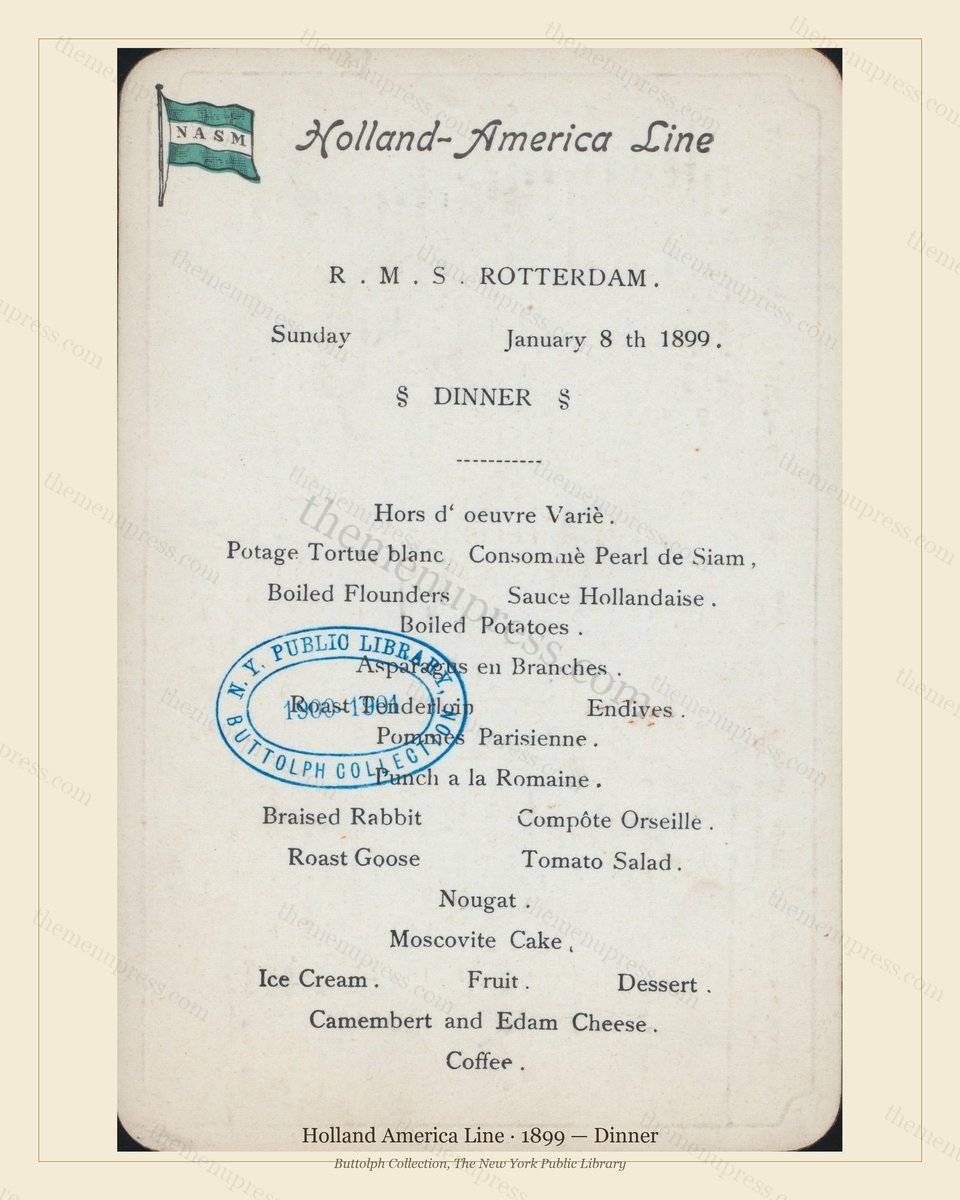 Vintage menu preview — 1899 Vintage Dinner Menu — Holland America Line, Transatlantic Ocean Liner Card