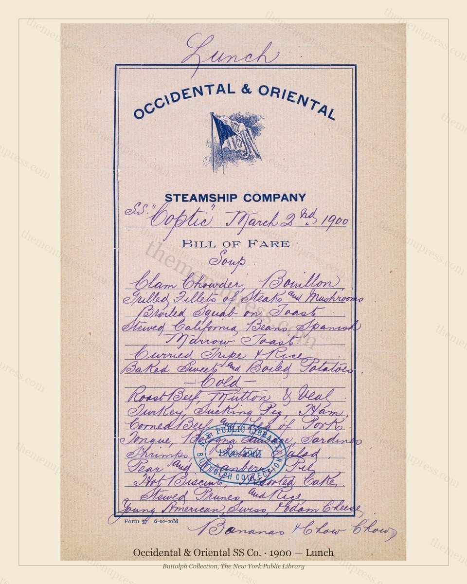 Vintage menu preview — 1900 Vintage Lunch Menu — Occidental & Oriental SS Co., Transatlantic Ocean